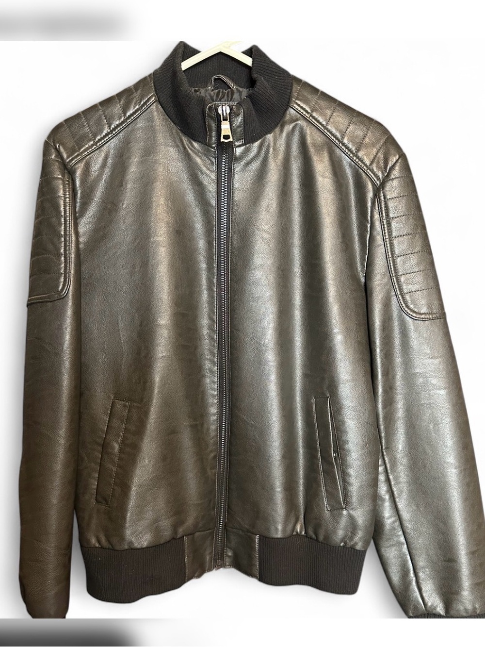 Forever 21 Men's Olive Brown Leather Bomber Jacket